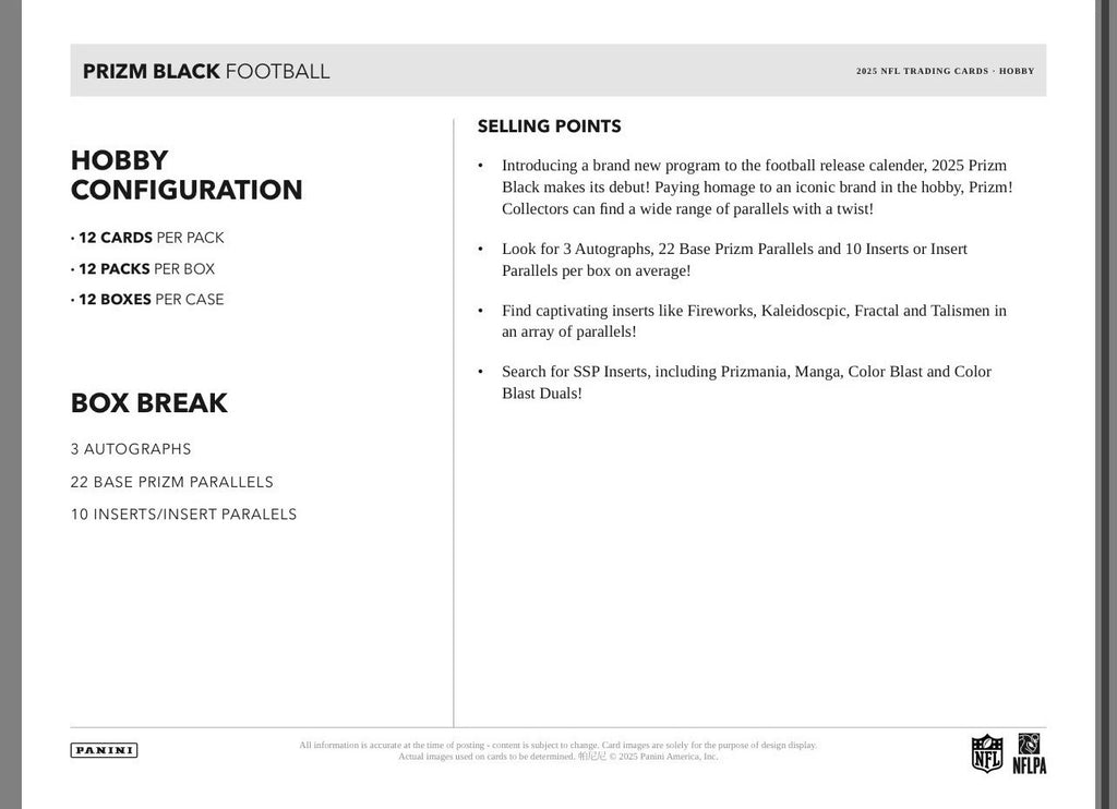 2025 Panini Prizm Black Football Hobby Box