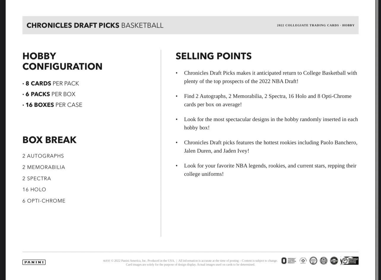 2022 Panini Chronicles Draft Basketball Hobby Box