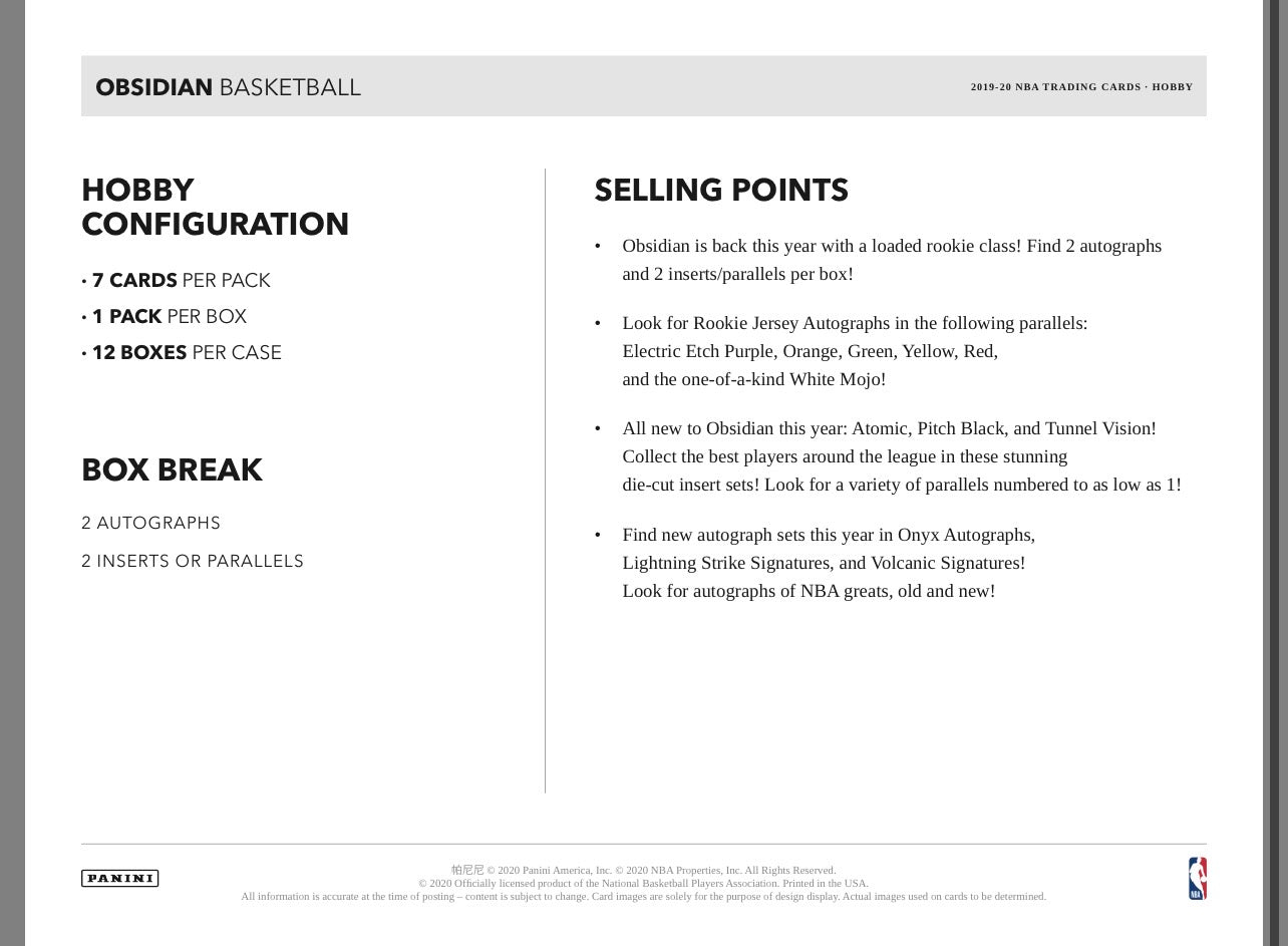 2019/20 Panini Obsidian Basketball Hobby Box