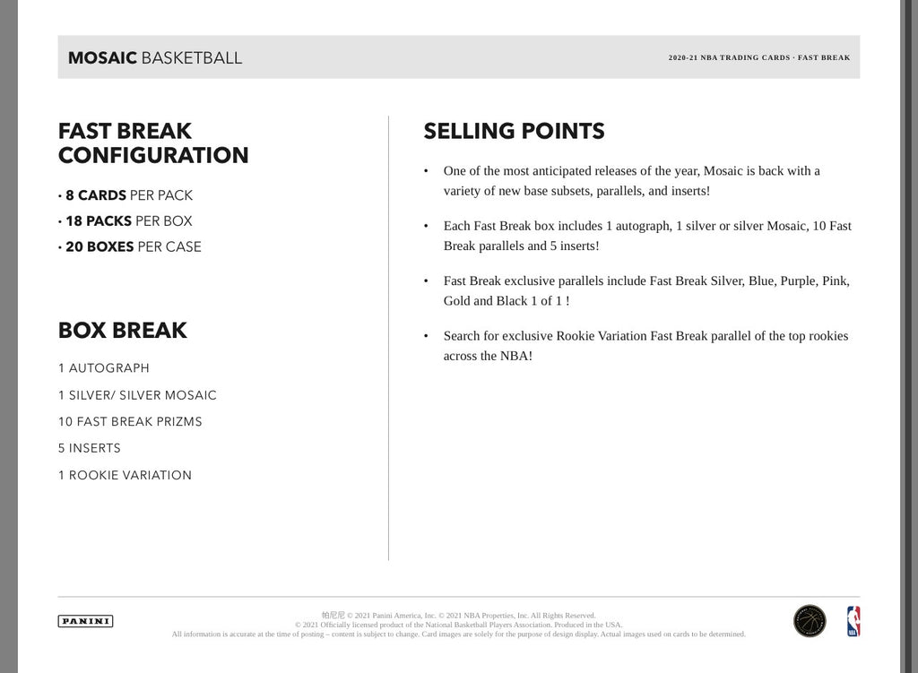 2020/21 Panini Mosaic Basketball Fast Break Hobby Box