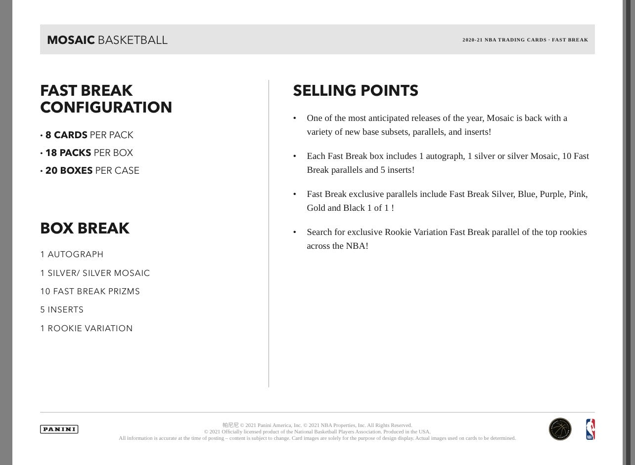 2020/21 Panini Mosaic Basketball Fast Break Hobby Box
